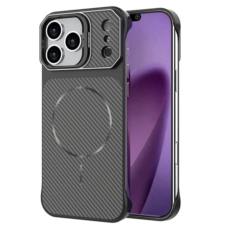 For iPhone 18 Pro Max / 17 Pro Max Magnetic Case with Lens Frame Kickstand Carbon Fiber Texture Hard PC Half-Wrapped Phone Cover - Black - 1