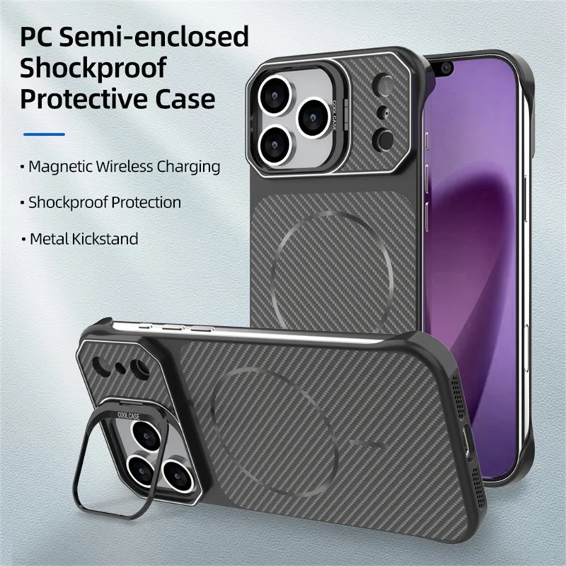 For iPhone 18 Pro Max / 17 Pro Max Magnetic Case with Lens Frame Kickstand Carbon Fiber Texture Hard PC Half-Wrapped Phone Cover - Black - 2