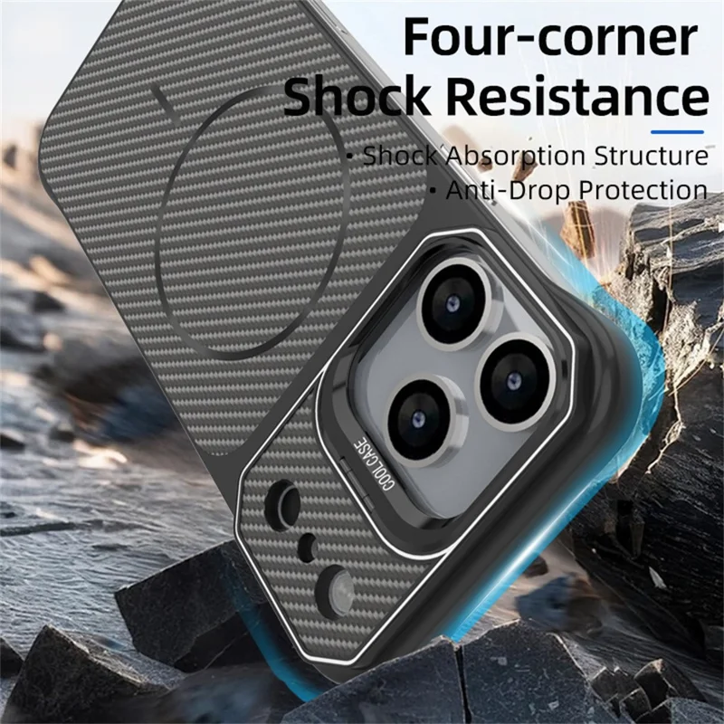 For iPhone 18 Pro Max / 17 Pro Max Magnetic Case with Lens Frame Kickstand Carbon Fiber Texture Hard PC Half-Wrapped Phone Cover - Black - 3