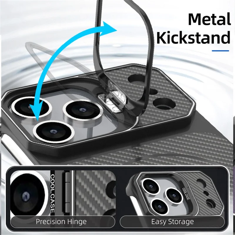For iPhone 18 Pro Max / 17 Pro Max Magnetic Case with Lens Frame Kickstand Carbon Fiber Texture Hard PC Half-Wrapped Phone Cover - Black - 4