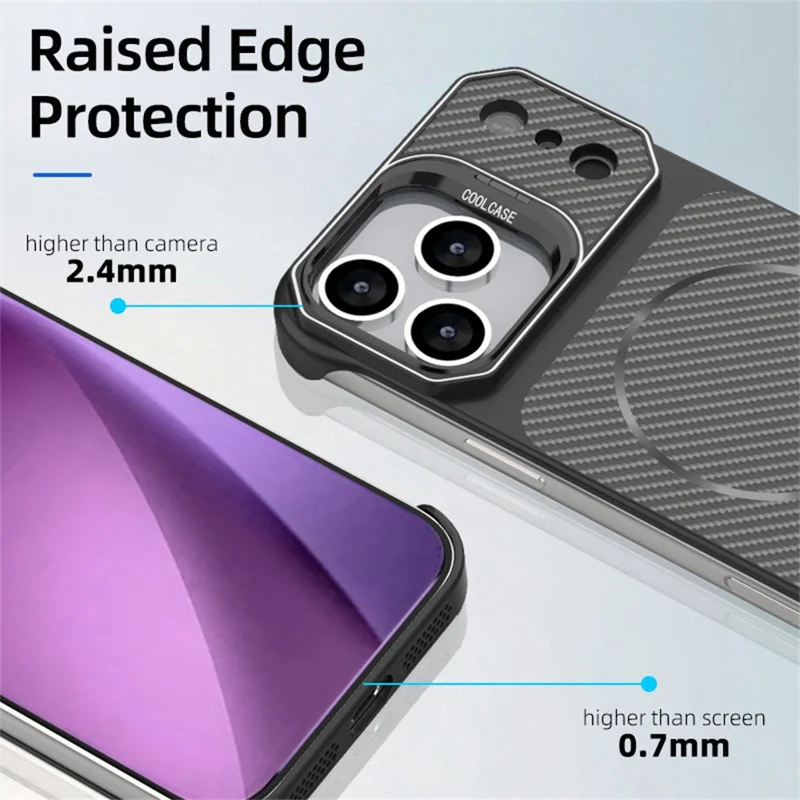 For iPhone 18 Pro Max / 17 Pro Max Magnetic Case with Lens Frame Kickstand Carbon Fiber Texture Hard PC Half-Wrapped Phone Cover - Black - 5