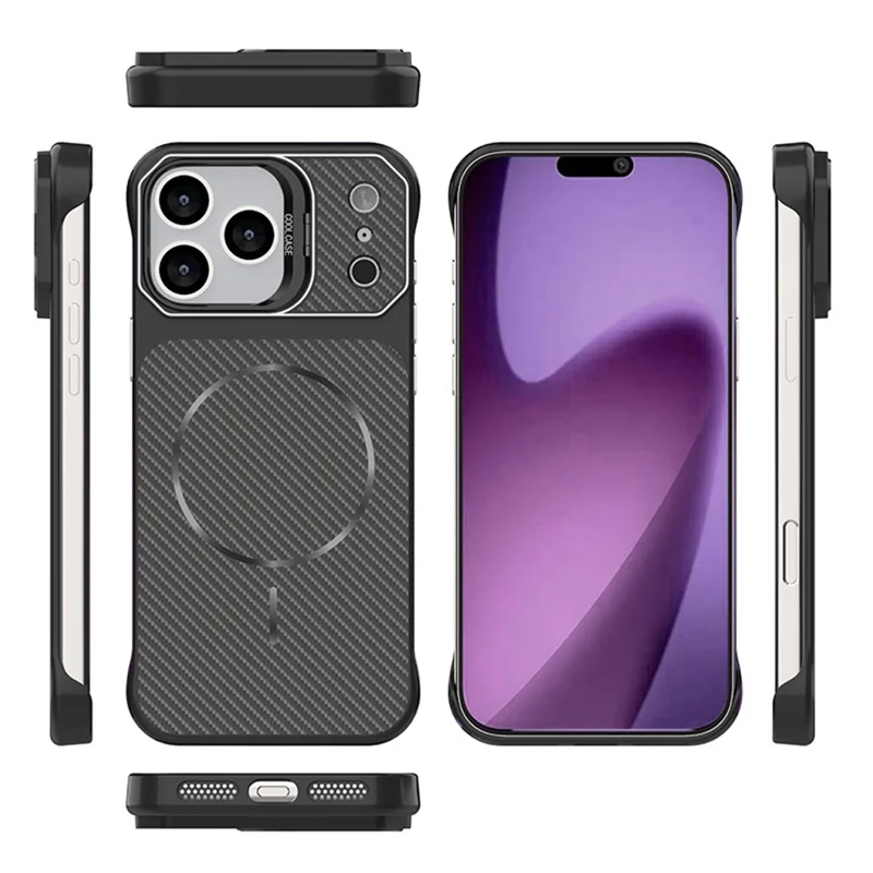 For iPhone 18 Pro Max / 17 Pro Max Magnetic Case with Lens Frame Kickstand Carbon Fiber Texture Hard PC Half-Wrapped Phone Cover - Black - 7