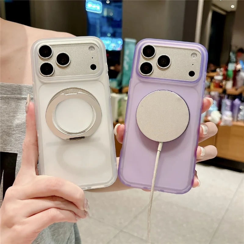 For iPhone 18 Pro / 17 Pro Case Magnetic Rotating Kickstand Hard PC Frosted Phone Cover - Transparent Orange