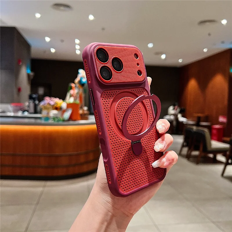 For iPhone 18 Pro Max / 17 Pro Max Case Magnetic Kickstand Heat Dissipation Mesh PC + TPU Phone Cover - Red - 1