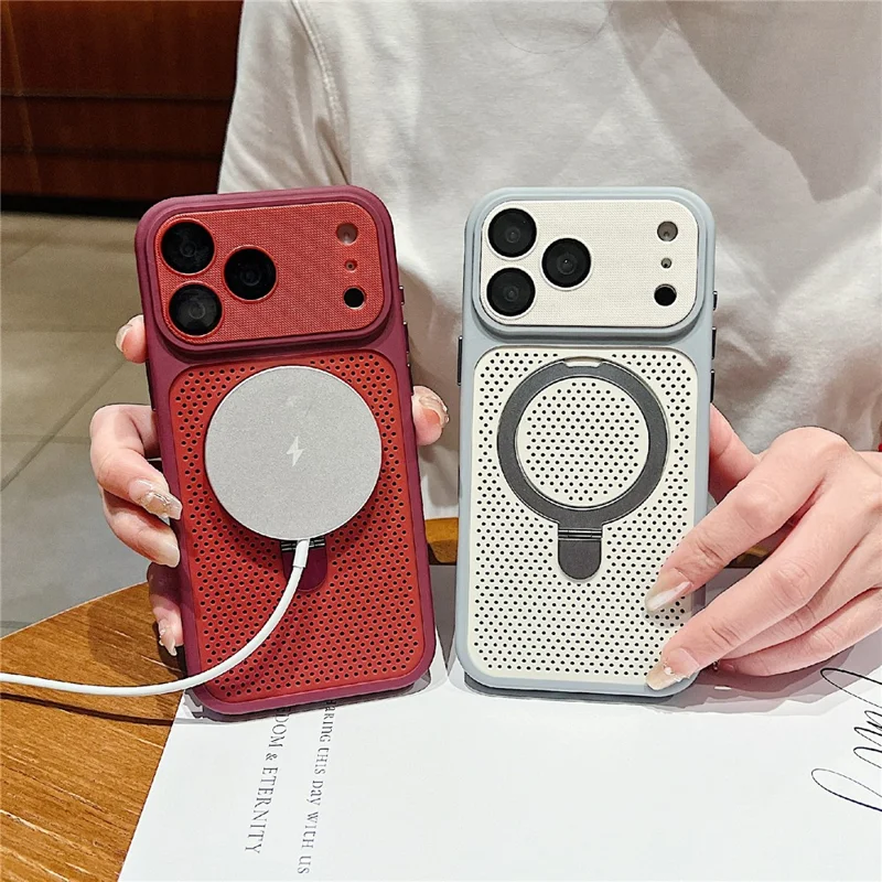 Til iPhone 18 Pro / 17 Pro Case Magnetisk Stand Med Varmeafledning Mesh PC + TPU Telefonbeskyttelse - Rød