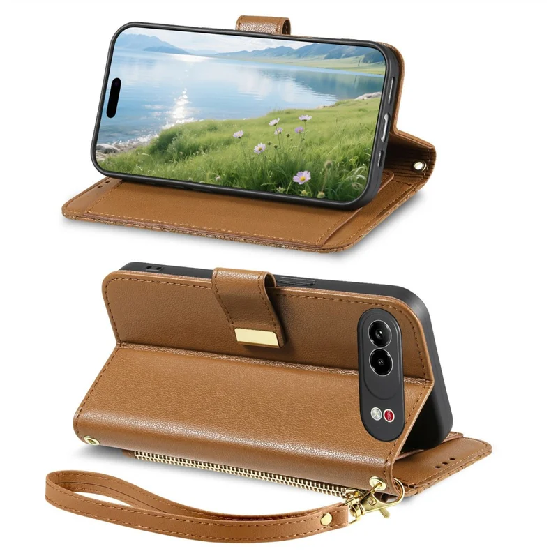 For ZTE nubia Air Pro 5G Case Floral Leaf Pattern Multi Card Slots Zipper Leather Phone Cover with Wrist Strap - Brown