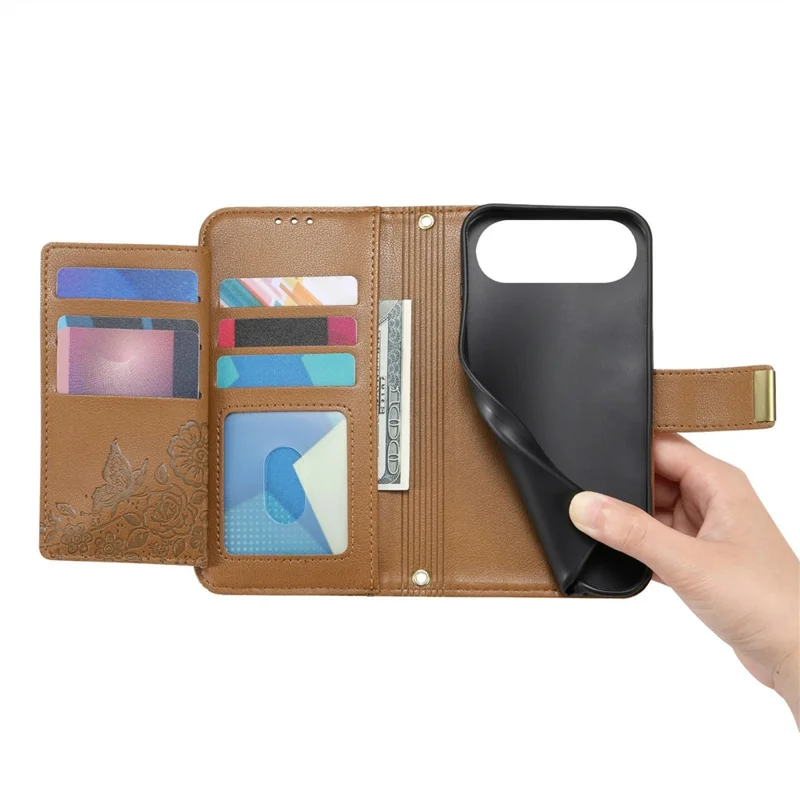 For ZTE nubia Air Pro 5G Case Floral Leaf Pattern Multi Card Slots Zipper Leather Phone Cover with Wrist Strap - Brown