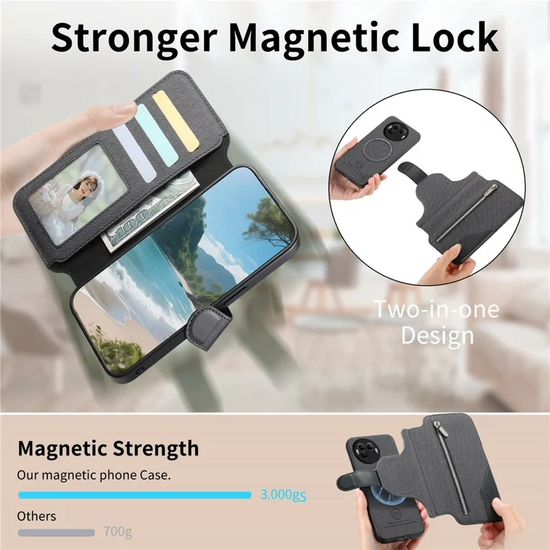 Voor Realme GT 8 Pro 5G Magnetische Hoesje RFID-blokkering Afneembare Portemonnee Stand Stoffen Structuur Leren Telefoonhoes - Zwart