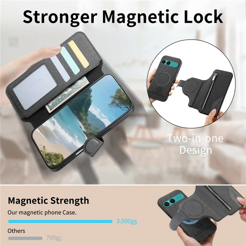 For Sony Xperia 10 VII Magnetic Case RFID Blocking Detachable Wallet Stand Cloth Texture Leather Phone Cover - Black