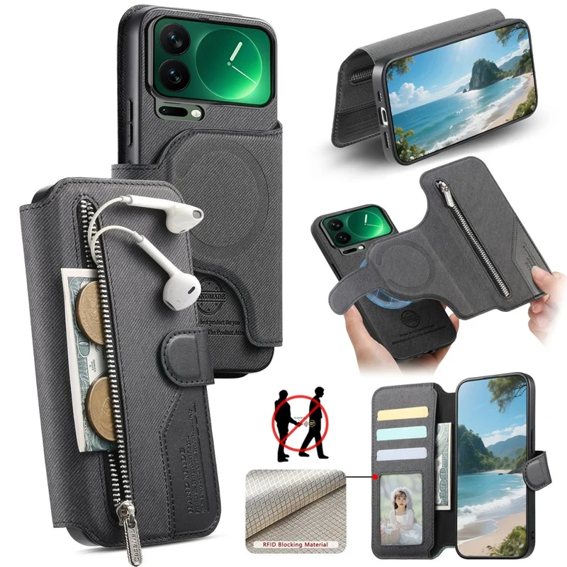 For Xiaomi 17 Pro Max Magnetic Case RFID Blocking Detachable Wallet Stand Cloth Texture Leather Phone Cover - Black