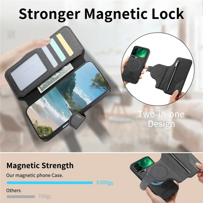 For Xiaomi 17 Pro Max Magnetic Case RFID Blocking Detachable Wallet Stand Cloth Texture Leather Phone Cover - Black