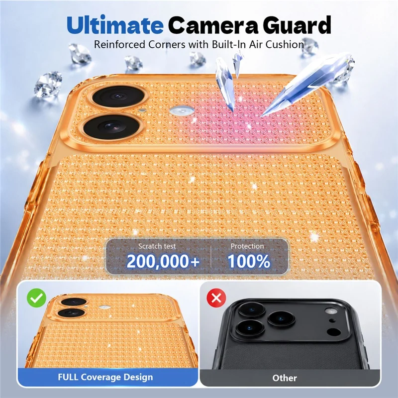 For iPhone 16 TPU Case Diamond Texture Glitter Shockproof Phone Cover with Airbag Corner - Orange