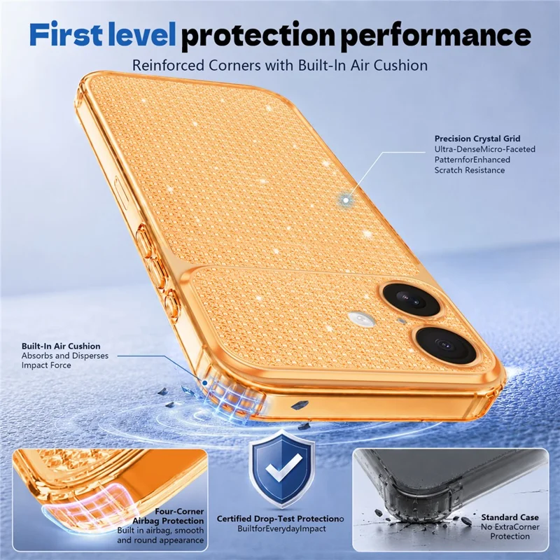 For iPhone 16 TPU Case Diamond Texture Glitter Shockproof Phone Cover with Airbag Corner - Orange
