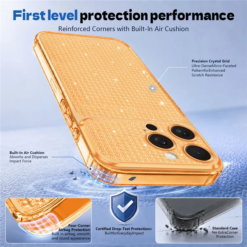 For iPhone 16 Pro Max TPU-case med diamantstruktur Glitter stødfast telefonbeskyttelse med luftpude i hjørner - Orange