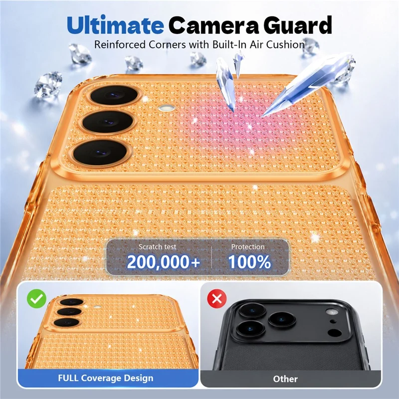 For Samsung Galaxy S26 FE  /  Galaxy S25 FE TPU Case Diamond Texture Glitter Shockproof Phone Cover with Airbag Corner - Orange