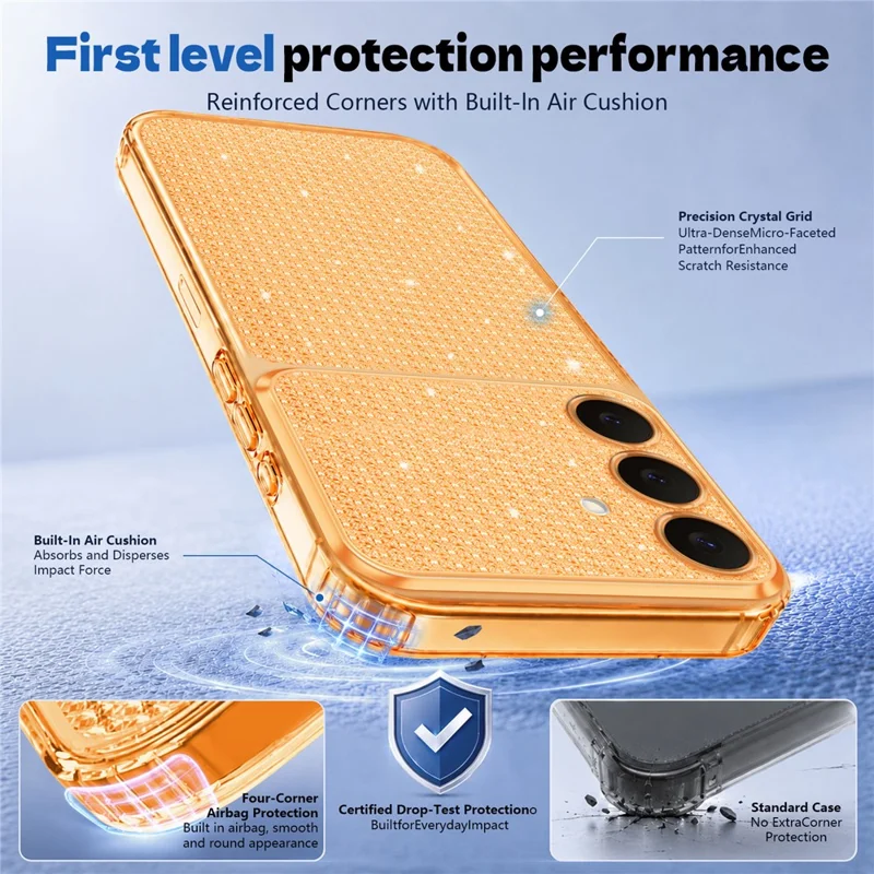 For Samsung Galaxy S26 FE  /  Galaxy S25 FE TPU Case Diamond Texture Glitter Shockproof Phone Cover with Airbag Corner - Orange