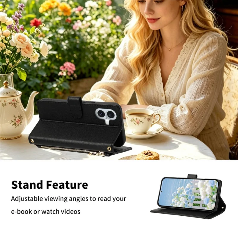Für iPhone 17 Hülle PU-Leder Schmetterling Blumen Reißverschluss-Mappen-Handyhülle mit Handschlaufe / Schultergurt - Schwarz