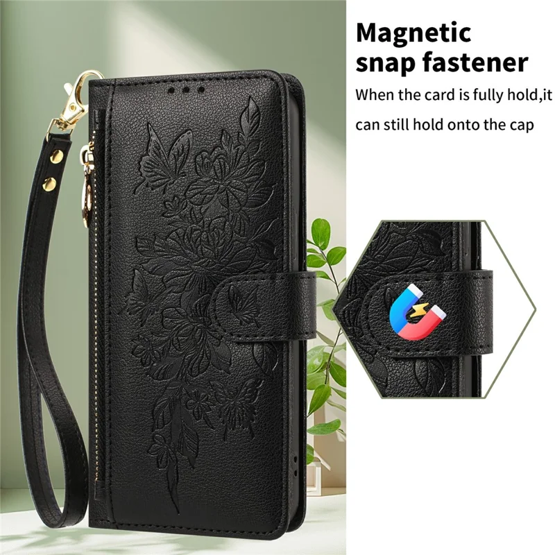 For iPhone 17 Pro Case PU Leather Butterfly Floral Zippered Wallet Phone Cover with Wrist Strap / Shoulder Strap - Black