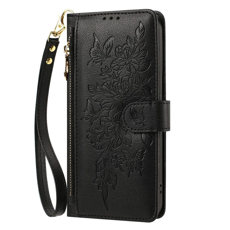 For iPhone 17 Pro Case PU Leather Butterfly Floral Zippered Wallet Phone Cover with Wrist Strap / Shoulder Strap - Black