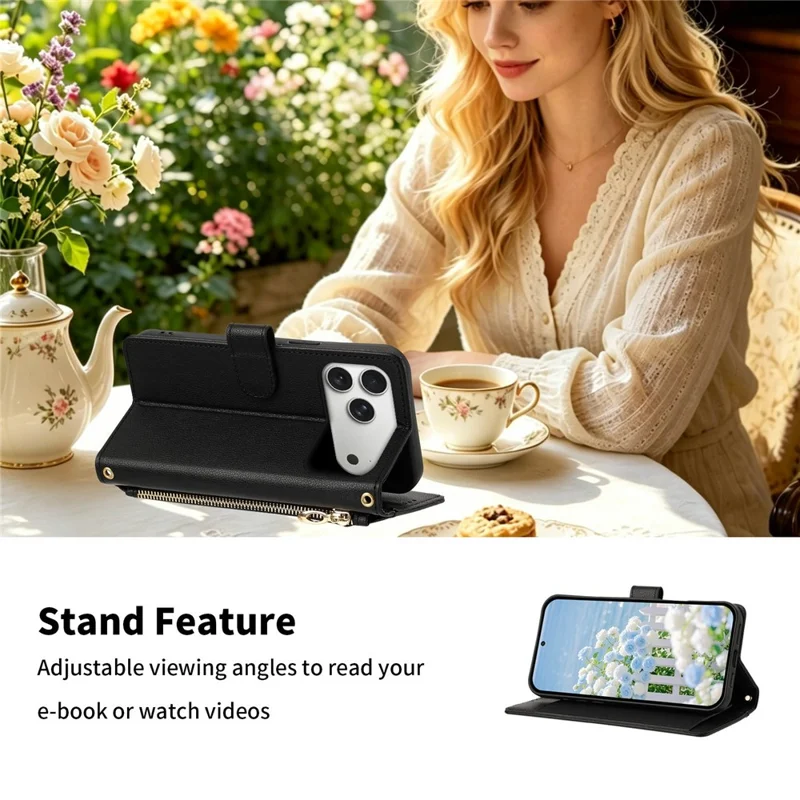 For iPhone 17 Pro Case PU Leather Butterfly Floral Zippered Wallet Phone Cover with Wrist Strap / Shoulder Strap - Black