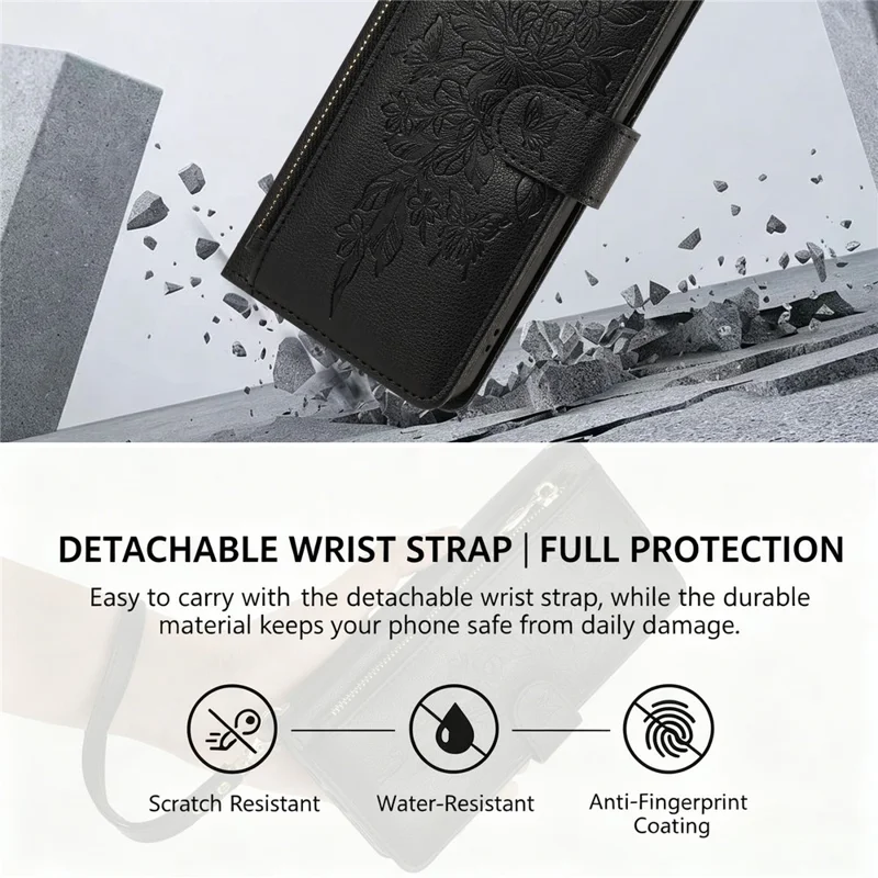 Pour iPhone 17 Pro Max Coque PU Cuir Papillon Floral avec Portefeuille à Fermeture Éclair et Dragonne / Sangle Bandoulière - Noir