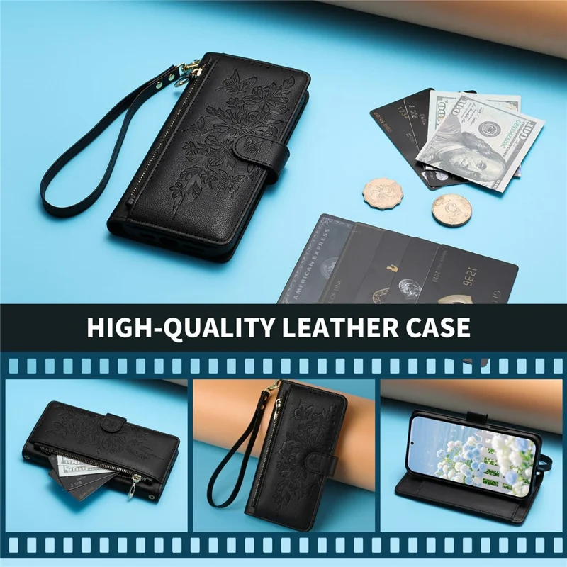 For Samsung Galaxy S26 Case PU Leather Butterfly Floral Zippered Wallet Phone Cover with Wrist Strap / Shoulder Strap - Black