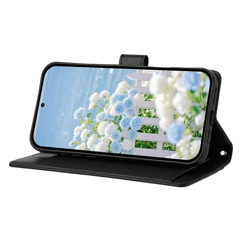 For Samsung Galaxy S26+ Case PU Leather Butterfly Floral Zippered Wallet Phone Cover with Wrist Strap / Shoulder Strap - Black