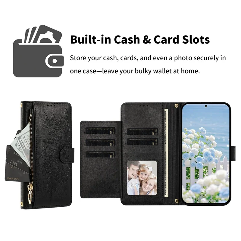For Samsung Galaxy S26+ Case PU Leather Butterfly Floral Zippered Wallet Phone Cover with Wrist Strap / Shoulder Strap - Black