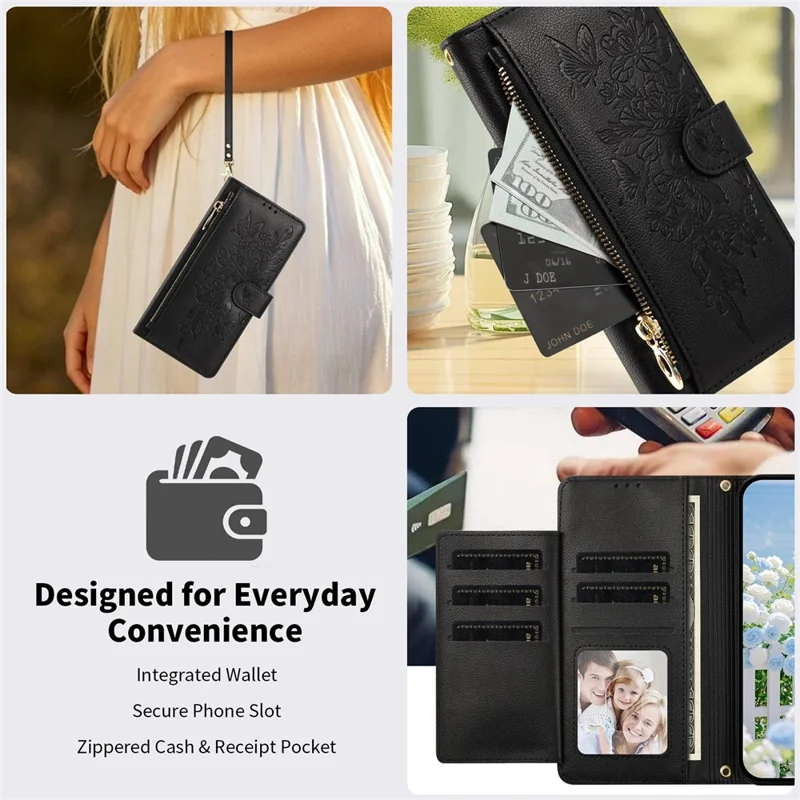 For Samsung Galaxy S26 Ultra Case PU Leather Butterfly Floral Zippered Wallet Phone Cover with Wrist Strap / Shoulder Strap - Black