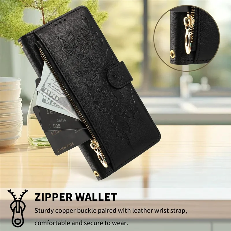 For Samsung Galaxy S26 FE Case PU Leather Butterfly Floral Zippered Wallet Phone Cover with Wrist Strap / Shoulder Strap - Black