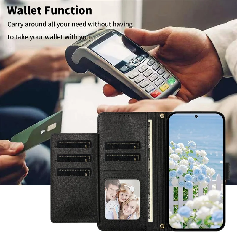 For Samsung Galaxy A37 5G Case PU Leather Butterfly Floral Zippered Wallet Phone Cover with Wrist Strap / Shoulder Strap - Black