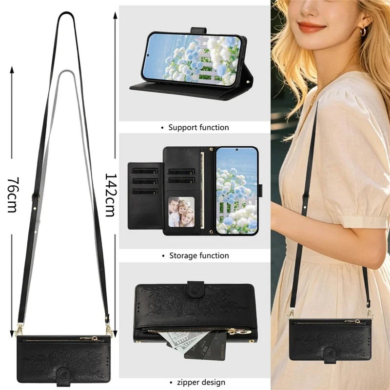For Samsung Galaxy A37 5G Case PU Leather Butterfly Floral Zippered Wallet Phone Cover with Wrist Strap / Shoulder Strap - Black