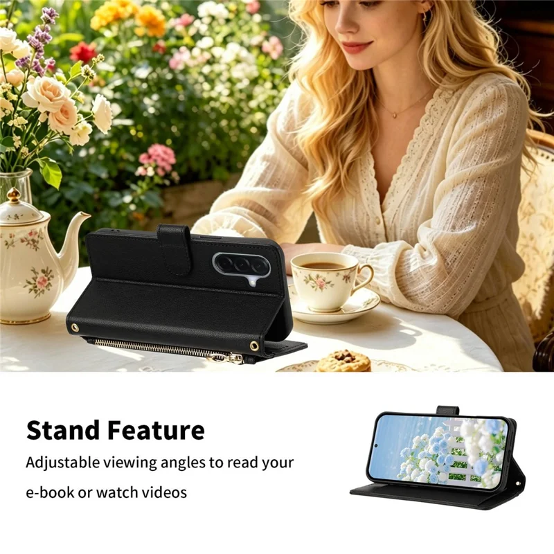 For Samsung Galaxy A37 5G Case PU Leather Butterfly Floral Zippered Wallet Phone Cover with Wrist Strap / Shoulder Strap - Black