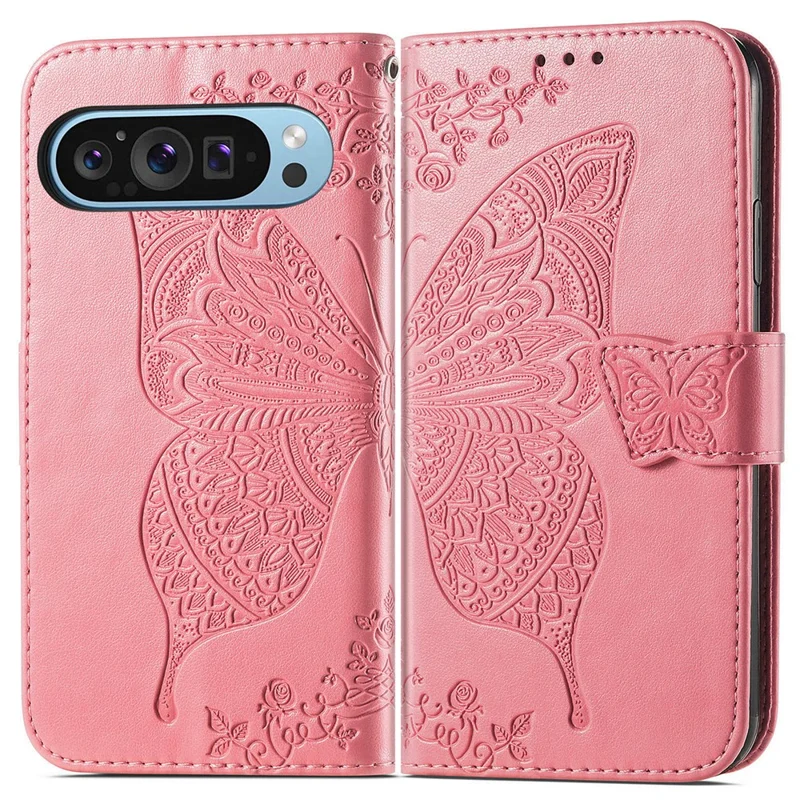Funda para Google Pixel 11 Pro / Funda con Cartera de Cuero PU con Dibujo de Mariposa y Correa para Pixel 11 - Rosa