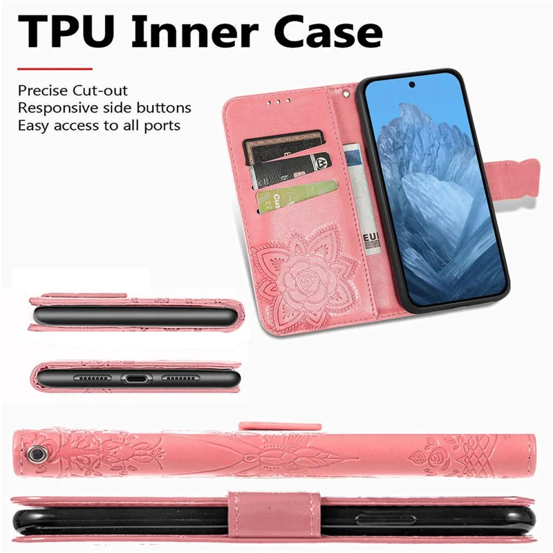 Funda para Google Pixel 11 Pro / Funda con Cartera de Cuero PU con Dibujo de Mariposa y Correa para Pixel 11 - Rosa