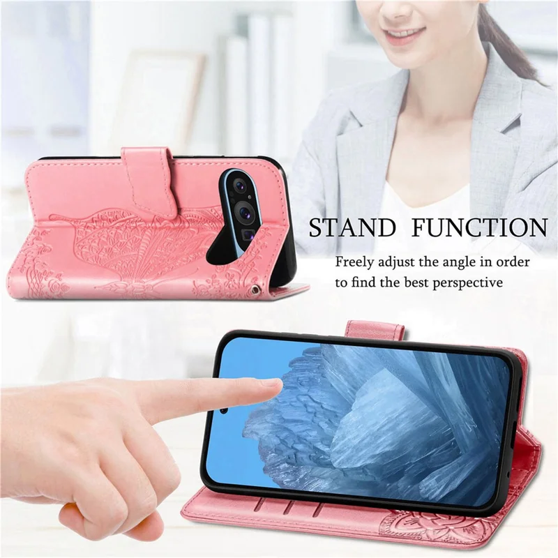 Funda para Google Pixel 11 Pro / Funda con Cartera de Cuero PU con Dibujo de Mariposa y Correa para Pixel 11 - Rosa