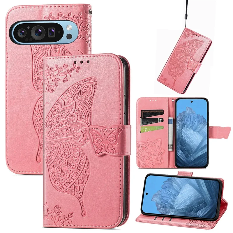 Funda para Google Pixel 11 Pro / Funda con Cartera de Cuero PU con Dibujo de Mariposa y Correa para Pixel 11 - Rosa