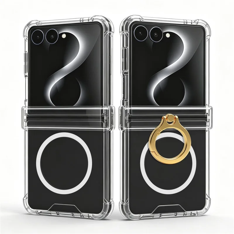 For Samsung Galaxy Z Flip8 Magnetic Case 2.0mm PC + TPU Hinge Protective Phone Cover with Ring Holder- Transparent