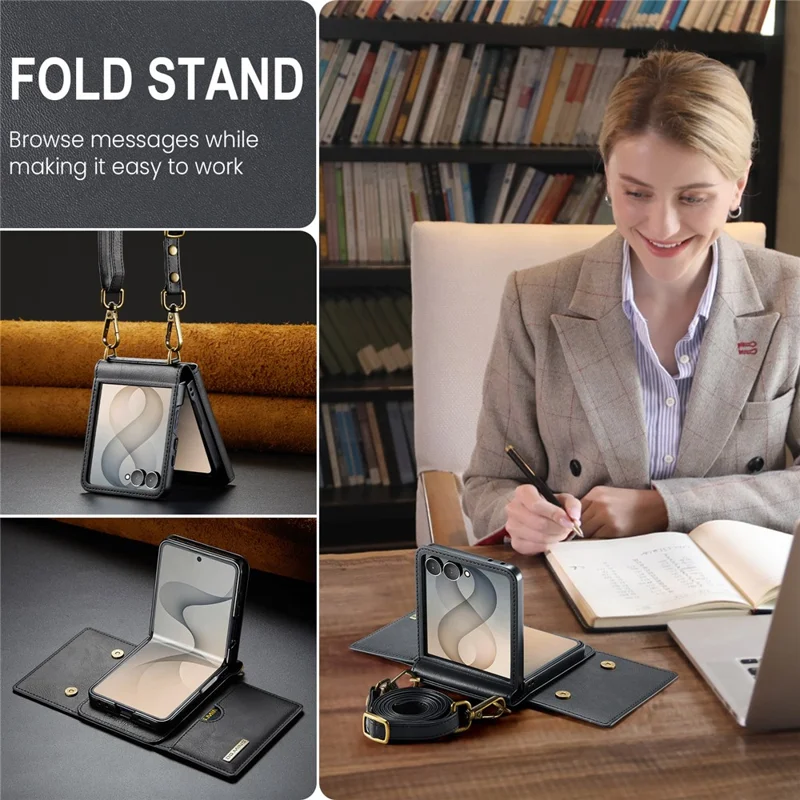 DG.MING M6 Series For Samsung Galaxy Z Flip8 Foldable Case PU + PC Phone Cover with Wallet   /   Shoulder Strap - Black