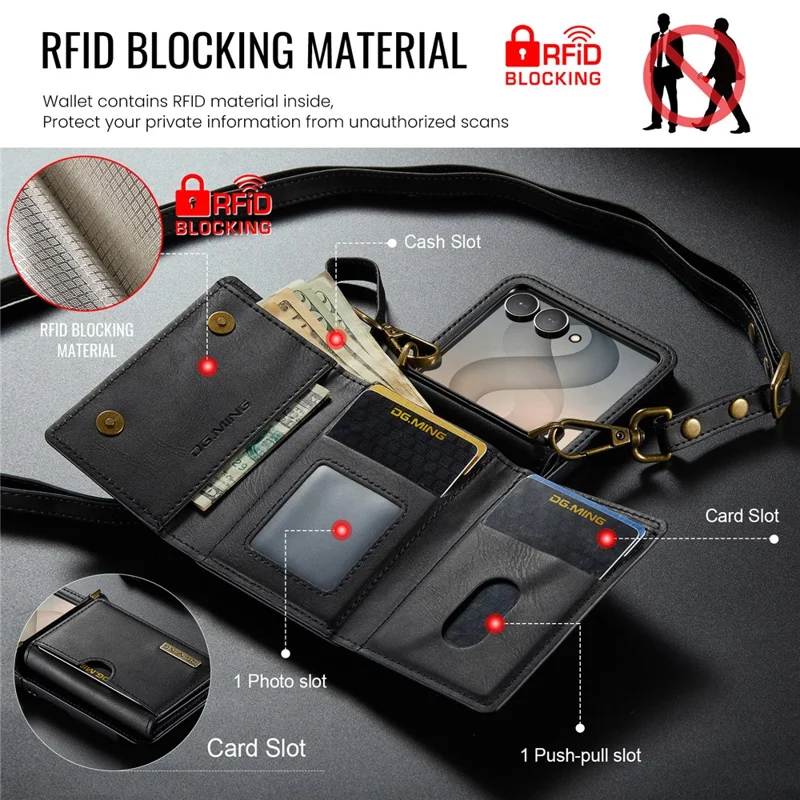 DG.MING M6 Series For Samsung Galaxy Z Flip8 Foldable Case PU + PC Phone Cover with Wallet   /   Shoulder Strap - Black