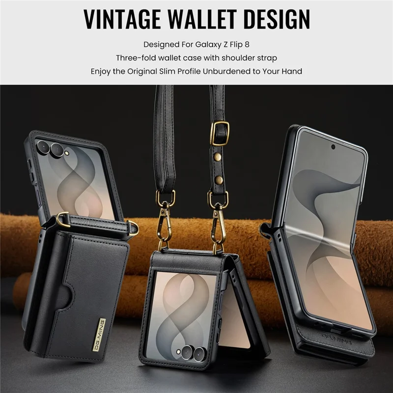 DG.MING M6 Series For Samsung Galaxy Z Flip8 Foldable Case PU + PC Phone Cover with Wallet   /   Shoulder Strap - Black