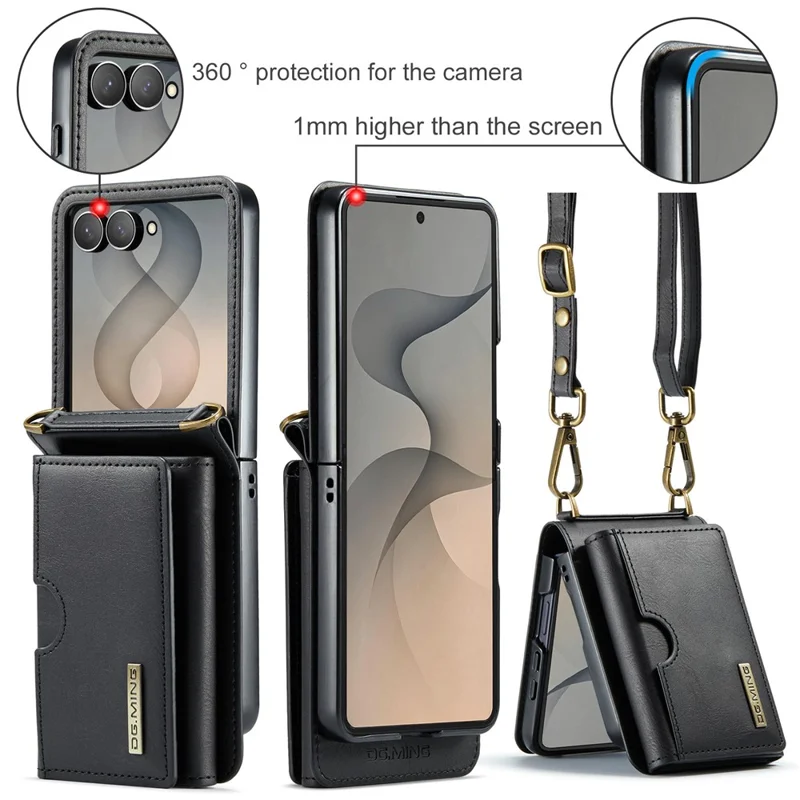 DG.MING M6 Series For Samsung Galaxy Z Flip8 Foldable Case PU + PC Phone Cover with Wallet   /   Shoulder Strap - Black