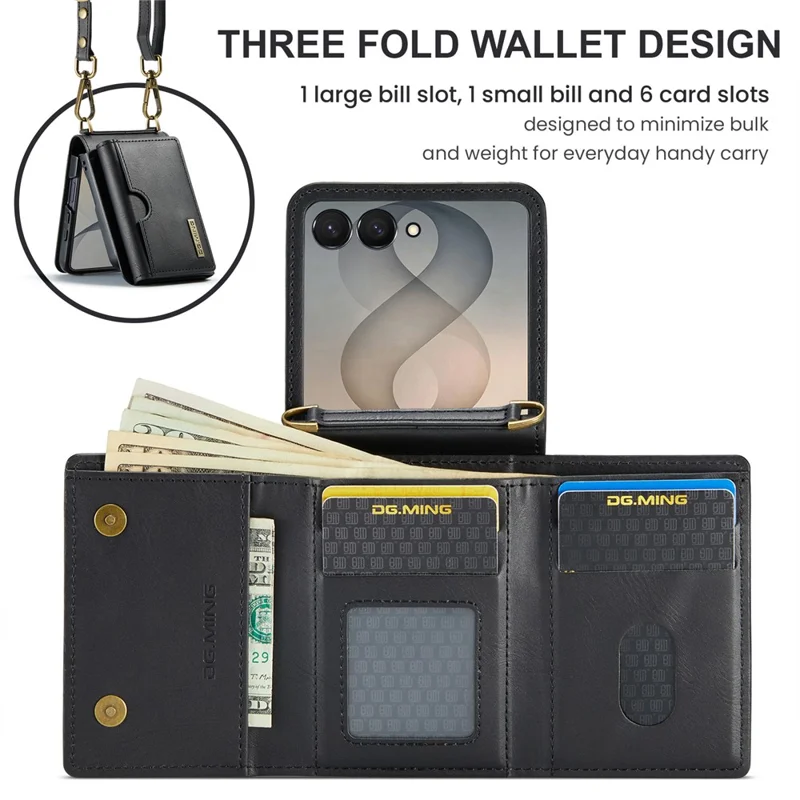 DG.MING M6 Series For Samsung Galaxy Z Flip8 Foldable Case PU + PC Phone Cover with Wallet   /   Shoulder Strap - Black