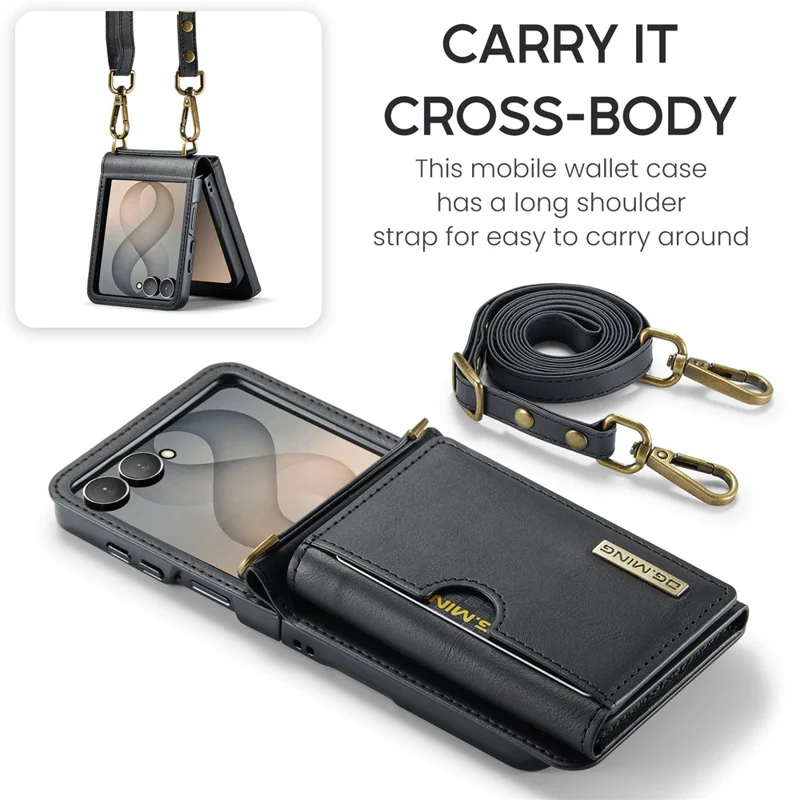 DG.MING M6 Series For Samsung Galaxy Z Flip8 Foldable Case PU + PC Phone Cover with Wallet   /   Shoulder Strap - Black