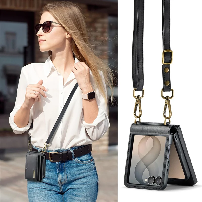 DG.MING M6 Series For Samsung Galaxy Z Flip8 Foldable Case PU + PC Phone Cover with Wallet   /   Shoulder Strap - Black