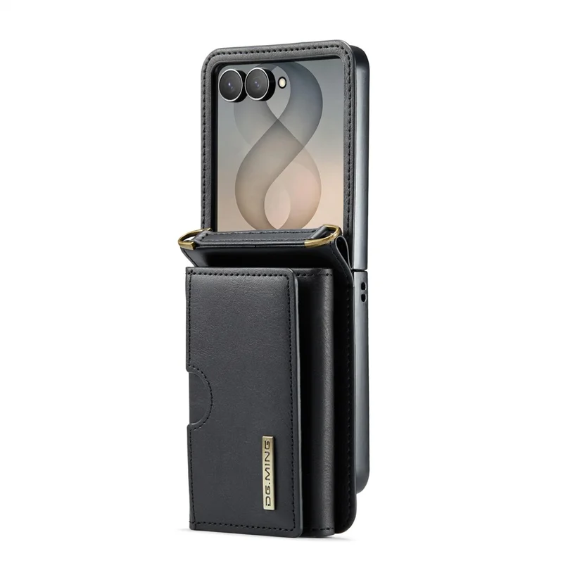 DG.MING M6 Series For Samsung Galaxy Z Flip8 Foldable Case PU + PC Phone Cover with Wallet   /   Shoulder Strap - Black