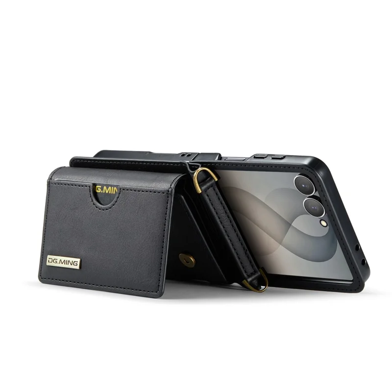 DG.MING M6 Series For Samsung Galaxy Z Flip8 Foldable Case PU + PC Phone Cover with Wallet   /   Shoulder Strap - Black