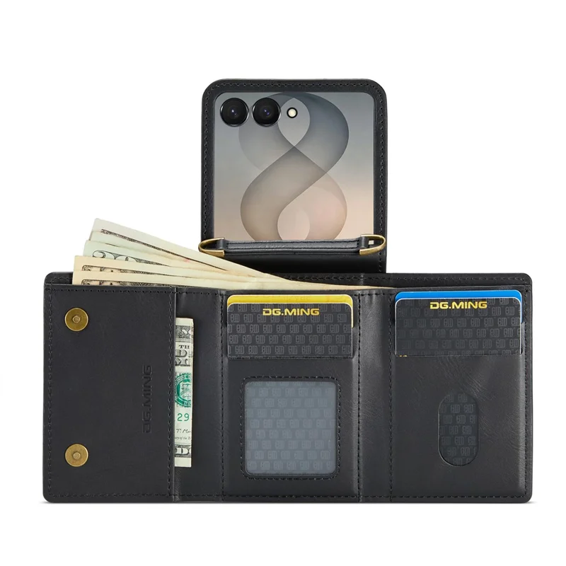 DG.MING M6 Series For Samsung Galaxy Z Flip8 Foldable Case PU + PC Phone Cover with Wallet   /   Shoulder Strap - Black