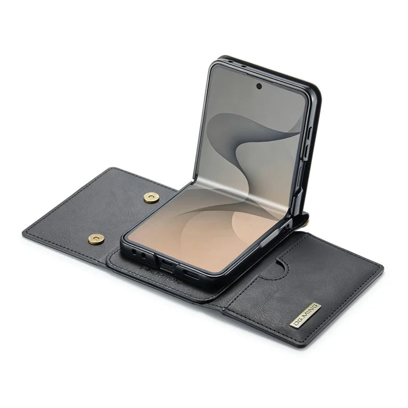 DG.MING M6 Series For Samsung Galaxy Z Flip8 Foldable Case PU + PC Phone Cover with Wallet   /   Shoulder Strap - Black