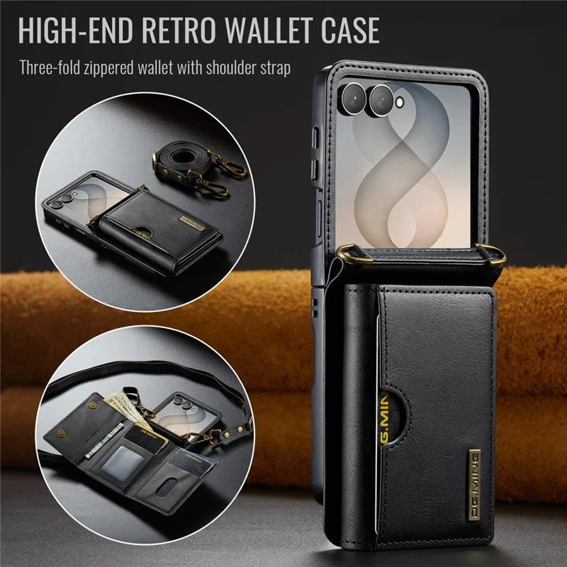 DG.MING M6 Series For Samsung Galaxy Z Flip8 Foldable Case PU + PC Phone Cover with Wallet   /   Shoulder Strap - Black